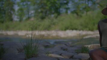 jung schwanger Frau entspannend im Natur beim Fluss im Mutterschaft Urlaub video