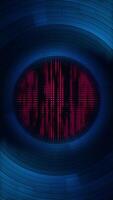 Vertical video - abstract technology background with rotating blue glowing neon circles and flashing red data lights. This modern motion background is full HD and a seamless loop.