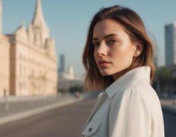 ai generado retrato de un joven mujer en un urbano ambiente. foto