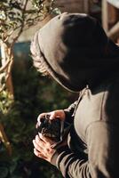 Not focus and noise image, visitors taking pictures of the landscape in the hills of West Java, Indonesia, mountain photographer. photo