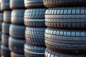 AI generated Stack of car tires set with a great profile. Generative AI photo