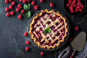 AI generated Homemade raspberry pie with fresh raspberries and jam. Generative AI photo