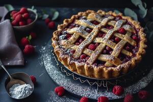 AI generated Homemade raspberry pie with fresh raspberries and jam. Generative AI photo