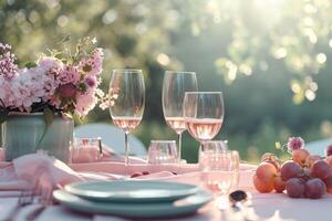 AI generated Outdoor lunch table setting with flowers. Romantic table setting with tablecloth, plates, crystal goblets, beautiful bouquets. Generative AI photo