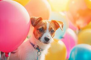 AI generated Dog sits among the festive decorations. Dog among balloons. Generative AI photo