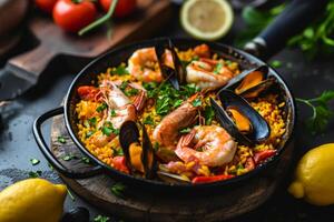 ai generado tradicional Español Mariscos paella con arroz, mejillones, camarones en un cacerola. generativo ai foto