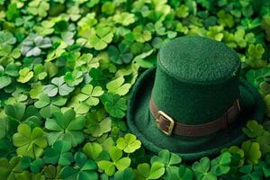 AI generated St. Patrick's Day background with leprechaun hat and clover leaves. Generative AI photo