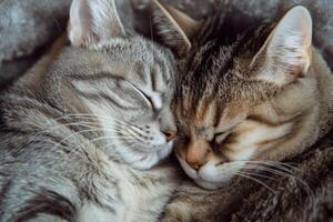 ai generado dos gatos acurrucarse juntos. dos adorable gatitos dormido juntos cerca arriba. generativo ai foto