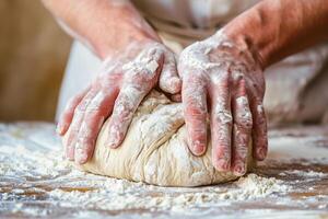 ai generado panadero cocinero es haciendo con harina pan de masa. amasadura masa. generativo ai foto