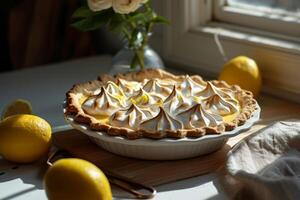 AI generated Lemon meringue pie on plate with fresh lemons on background. Generative AI photo