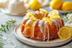 AI generated Classic lemon pound cake with powdered sugar glaze. Generative AI photo