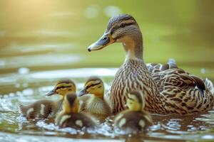 ai generado madre Pato y su patitos en un estanque. generativo ai foto