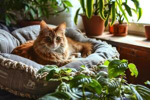 AI generated Interior of light living room with plants and cozy pet bed. Cute cat lying in pet bed. Generative AI photo