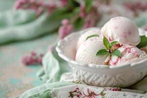 AI generated Ice cream with peppermint in a white bowl on a green background. Generative AI photo