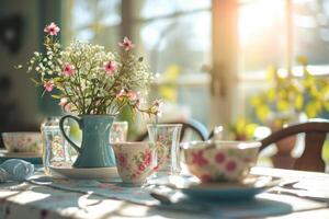 AI generated Dining table set with floral tableware on sunny light background. Generative AI photo