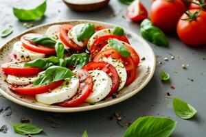 AI generated Caprese salad with sliced tomatoes, mozzarella, basil, olive oil. Organic and healthy. Generative AI photo