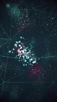 Vertical video - abstract science motion background animation with geometric lines and fast moving bokeh particles. Teal and pink colors.