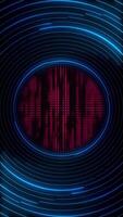 Vertical video - abstract technology background with rotating blue glowing neon circles and flashing red data lights. This modern motion background is full HD and a seamless loop.