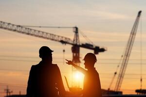 Silhouette of Engineer and foreman worker checking project at building site, construction site blurred sunset in evening time background photo