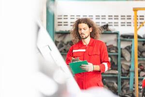 Mechanical man inspecting car parts stock in garage warehouse, Young mechanic with laptop in the auto repair shop photo