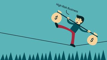 High Risk Business Illustration. Animated Illustration of man keeping balance to cross the rope while carrying money. video