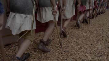 grupo do épico exércitos tropa do histórico gladiadores dentro uniforme indo para guerra video