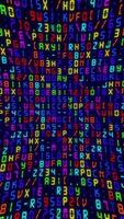 Vertical video - colorful digital code matrix motion background - multicolored letters, numbers and punctuation marks. Computer programming or hacking concept. HD looping technology background