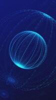 Vertical video - spinning wireframe digital data spheres. Global network connections and communication concept animation. Blue plexus abstract technology background