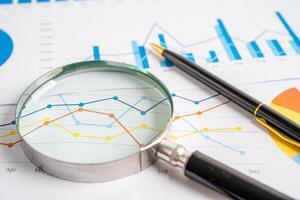 Magnifying glass on graph paper. Financial development, Banking Account, Statistics, Investment Analytic research data economy, Business concept. photo