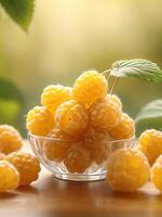 AI generated fresh yellow raspberries, soft smooth light. ai generative photo