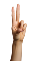 AI generated raise hand with two fingers isolated on transparent background, generative ai png