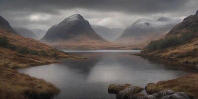 AI generated Generate a scene of the rugged beauty of the Scottish Highlands, with mist-covered mountains and serene lochs. ai generative photo