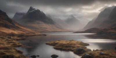 ai generado generar un escena de el escabroso belleza de el escocés tierras altas, con cubierto de niebla montañas y sereno lagos. ai generativo foto
