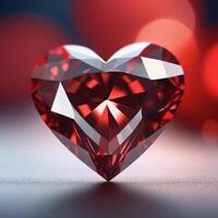 ai generado cerca arriba de un hermosa rojo corazón conformado diamante metido en un brillante negro antecedentes. ai generativo foto