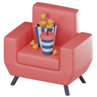 Cozy Movie Nights of Home Cinema Setup with Chair, Popcorn, and Soft Drink. 3D render png
