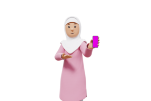 3d kvinna muslim innehav en mobiltelefon och som visar den till de kamera png