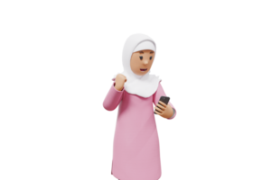 3d woman muslim holding phone and clenched his fists while making an expression of happiness at getting something on his cellphone png