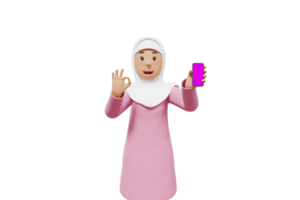 3d woman muslim makes an OK and happy gesture while showing her cell phone to the camera png