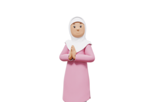 3d illustration of woman muslim put his hands together and said hello while looking at the camera png