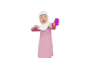 3d woman muslim points to her cellphone while showing her cellphone to the camera png