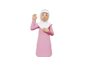 3d illustration of woman muslim raised right hand keeps his left hand on his chest png