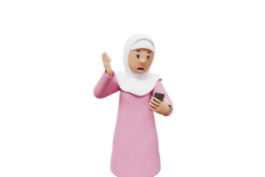3d mulher muçulmano em uma vídeo ligar enquanto Bravo com transparente fundo png