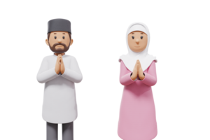 3D illustration of a Muslim man and woman greeting each other with transparent background png