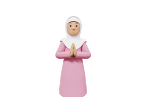 3d illustration of woman muslim put his hands together and said hello while looking at the camera png