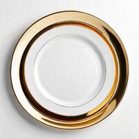 AI generated empty luxury gold plate isolated white background. ai generative photo