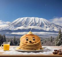 AI generated Pancakes with a smiley face and a cup of orange juice on the background of Mount Fuji photo