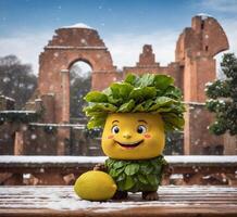AI generated Lemon with a wreath on his head stands on a wooden table in front of a red brick wall. photo