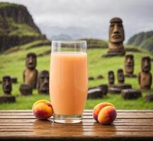 AI generated Glass of fresh peach juice and peaches on wooden table in front of statues of Ahu Tongariki, Easter Island, Chile photo