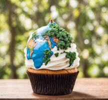 AI generated Cupcake with world map on wooden table over blurred nature background photo