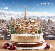 AI generated Fairy-tale cityscape of Paris, France on Christmas cake. photo
